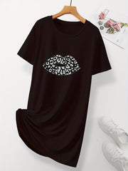 Leopard Lip Print NightDress Short Sleeve Crew Neck Loose Pajama Dress