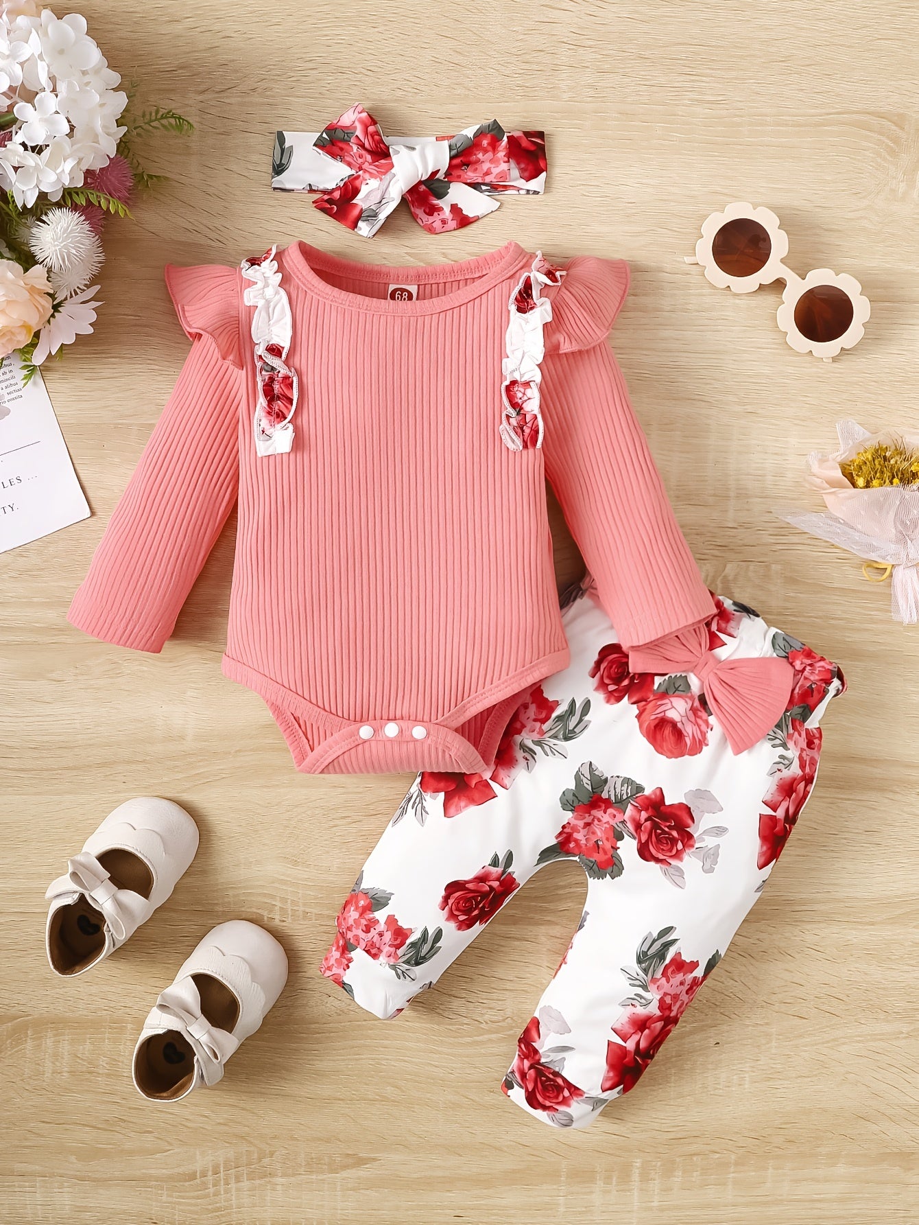 Baby Girl Ruffled Romper Floral Trousers Set