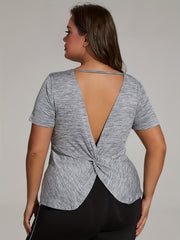  Heathered Round Neck Cut Out Twist Back High Stretch Fitness Top