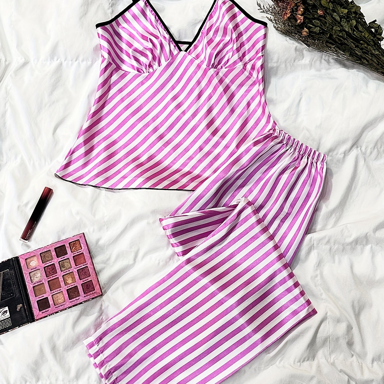 Stripe Print Pajama Set V Neck Cami Top & Pants Women's Loungewear