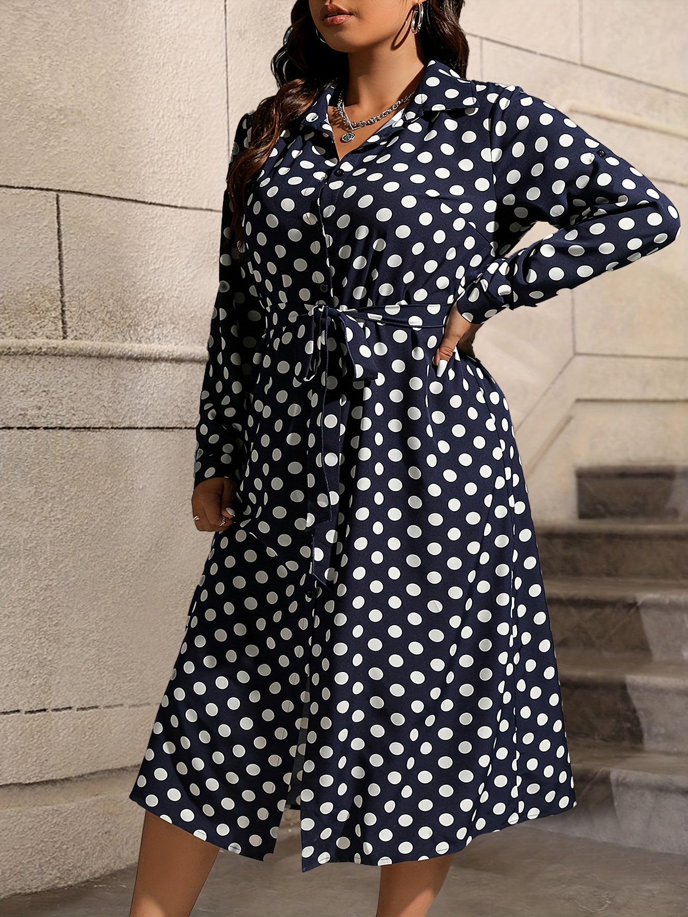 Polka Dot Button Up Long Sleeve Shirt Dress