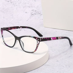 Cat Eye Clear Lens Glasses For Women Men Block Flower Frame Anti Light Glasses