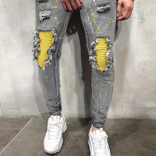 Paint Splatter Ripped Slim Fit Jeans Men's Casual High Stretch Denim Pants