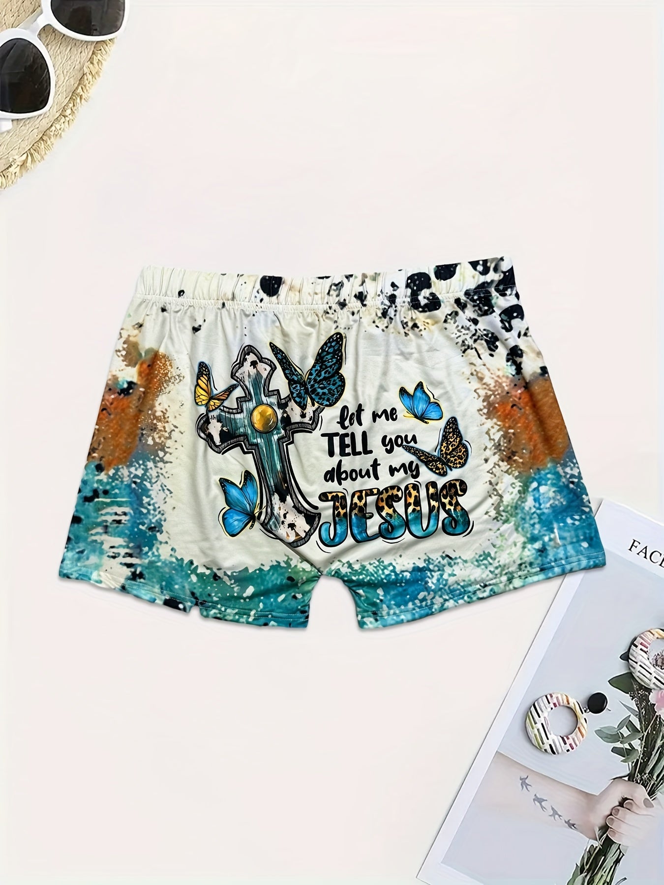 Women's Western Style Shorts with Butterfly & Cross Print