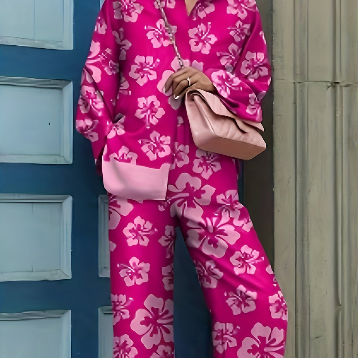  Floral Print Shirt & Pants Two Piece Set