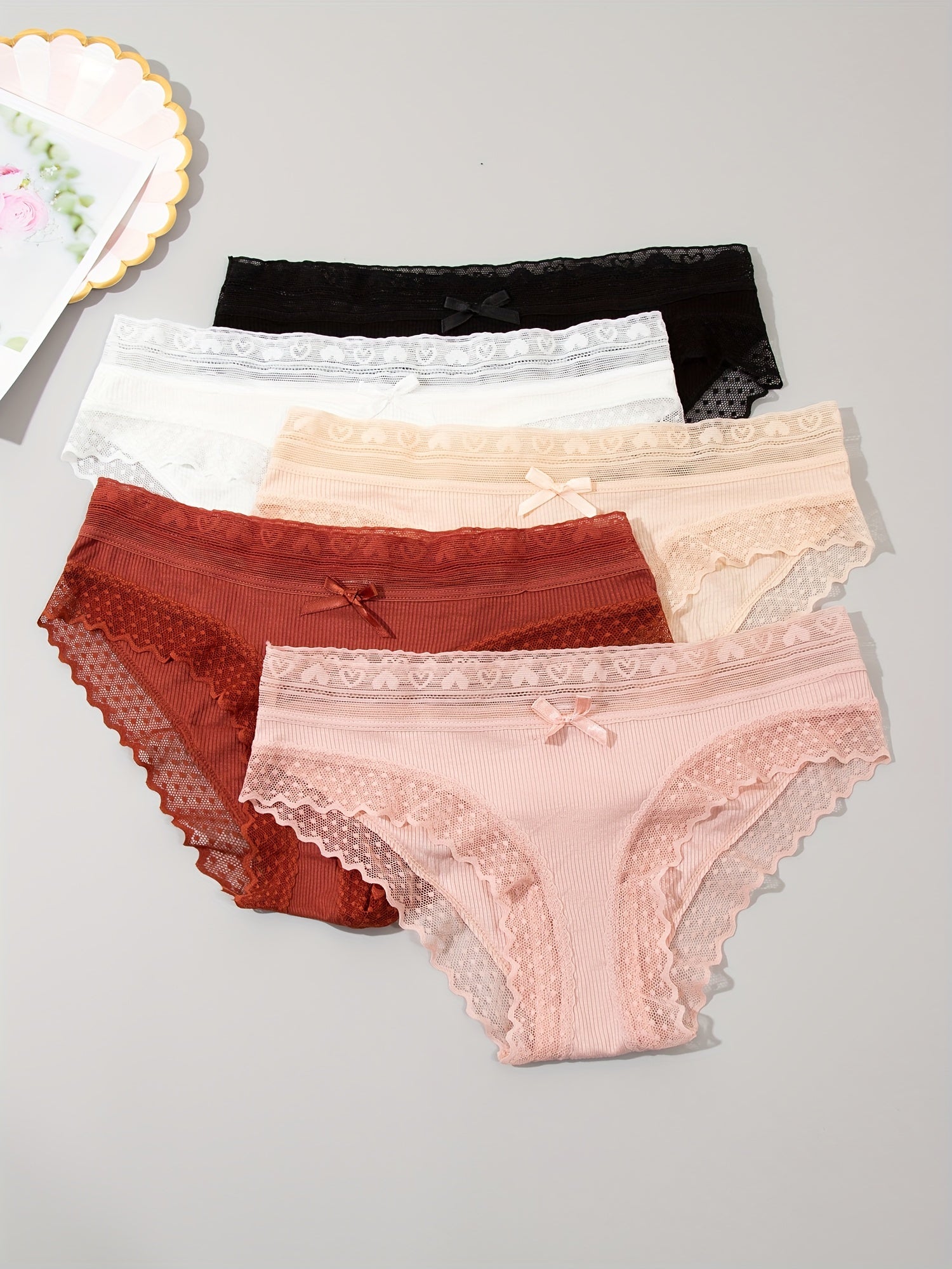 5pcs Lace Trim Ribbed Briefs Stretchy Panties Women's Lingerie