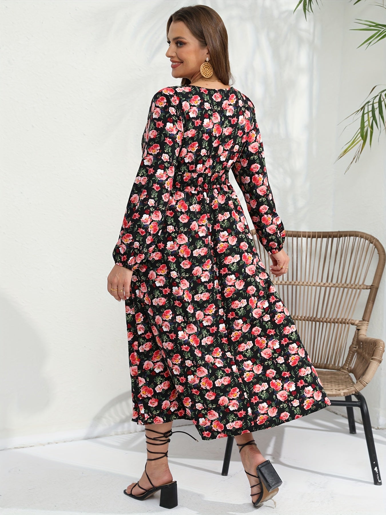  Rose Print Long Sleeve Maxi Dress