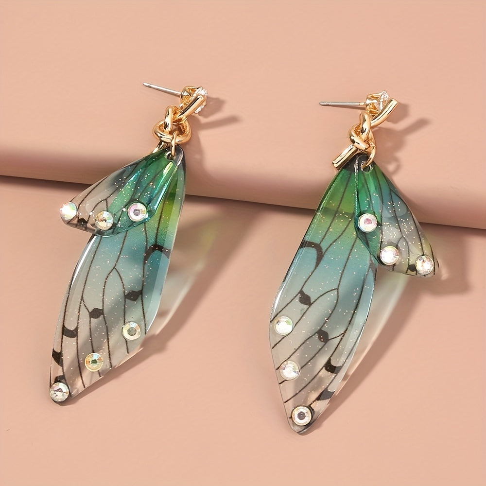 Resin Butterfly Wings Dangle Earrings with Rhinestone Decor
