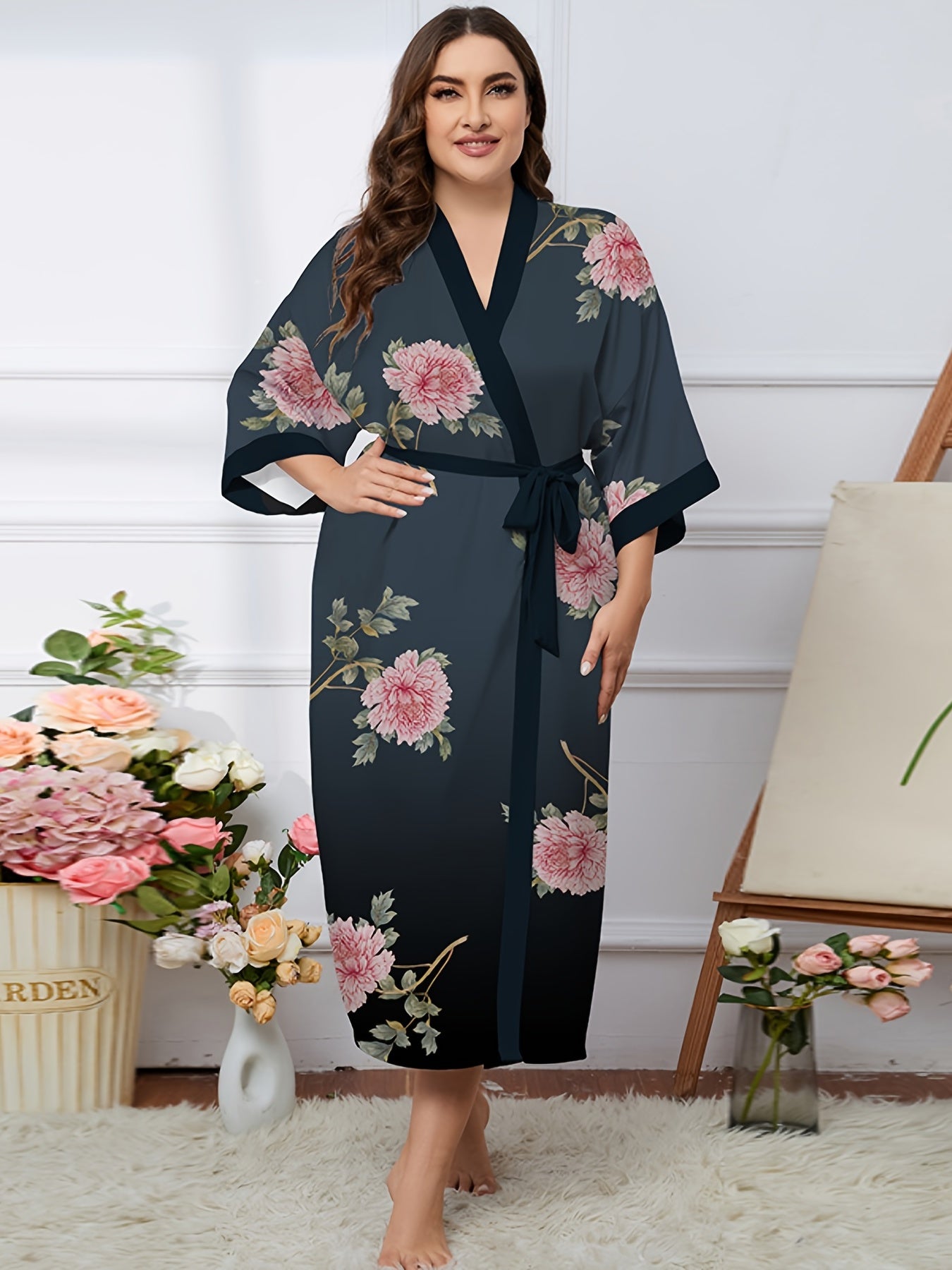  Ombre & Floral Print Long Sleeve Sleepwear Robe