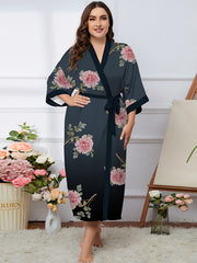  Ombre & Floral Print Long Sleeve Sleepwear Robe
