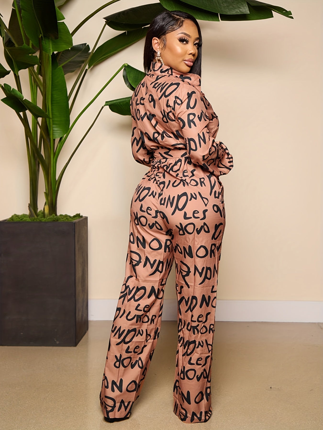 Wide Leg Jumpsuit Long Sleeve Belted Jumpsuit for Women