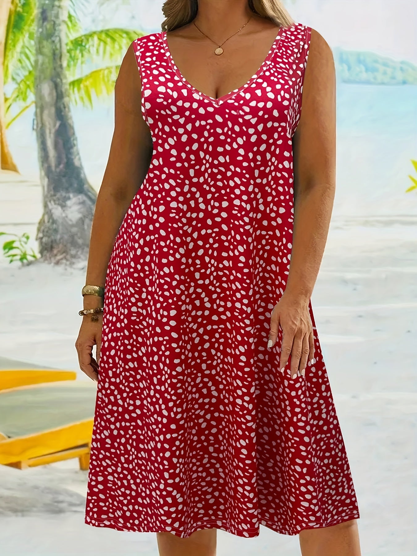  Casual Tank Dress Women's Plus Allover Print Round Neck Medium Stretch