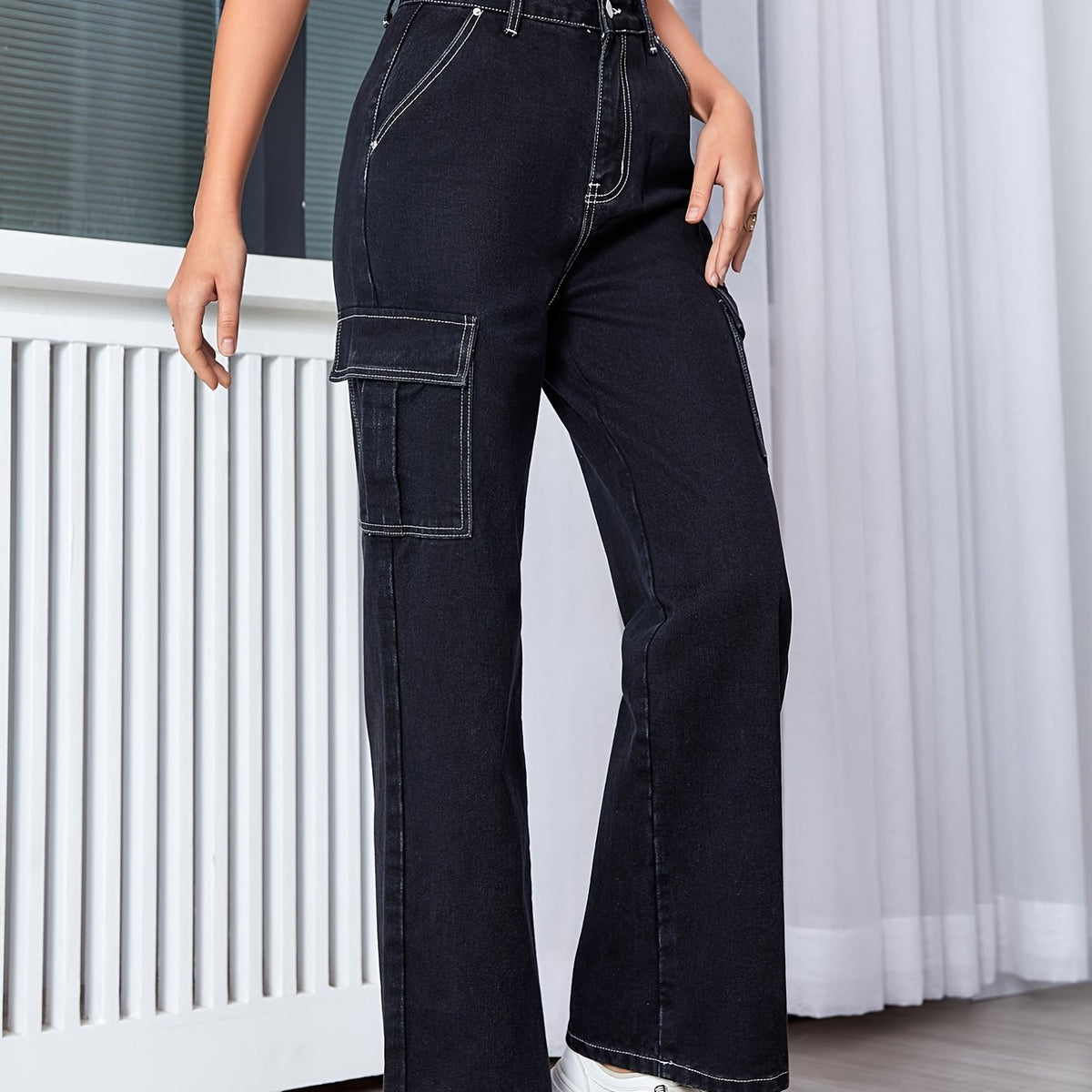 Cargo Jeans High Rise Solid Denim Pants