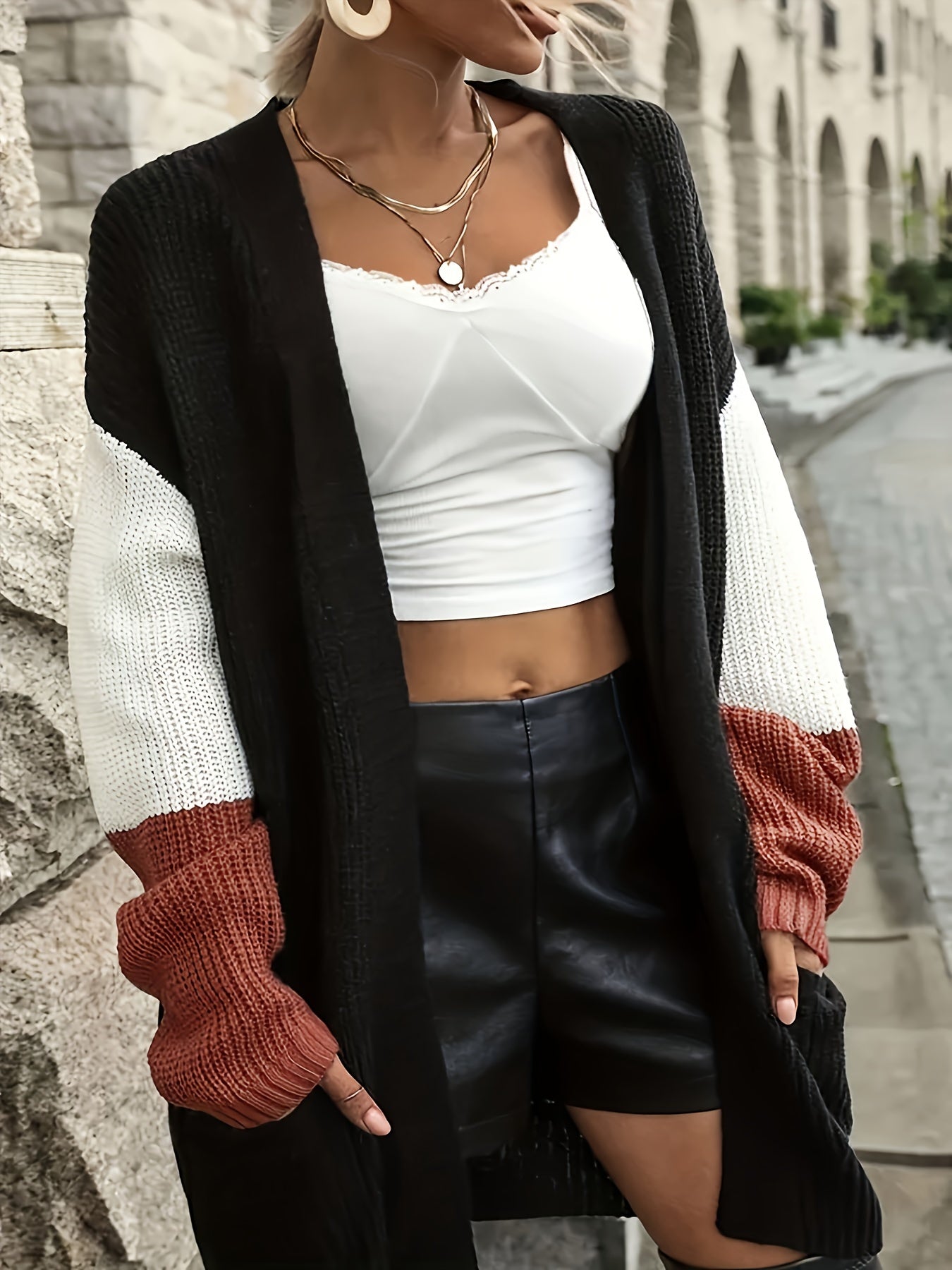  Colorblock Long Sleeve Open Front Cardigan With Pockets