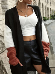  Colorblock Long Sleeve Open Front Cardigan With Pockets
