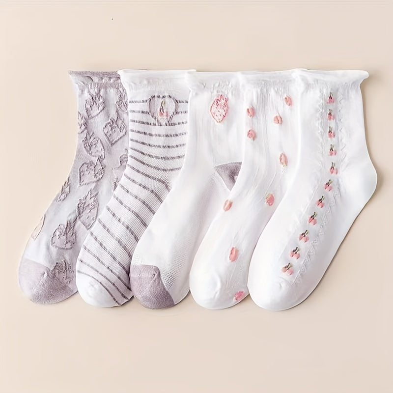 Floral & Fruit Print Socks for Women College Style Stockings