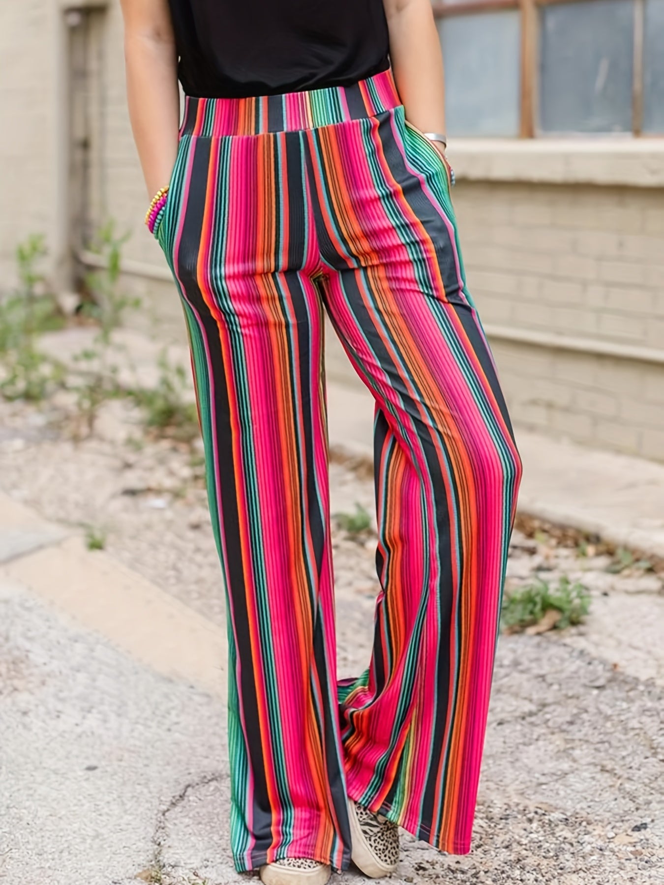 Women's Plus Colorful Stripe Print Flared Leg Pants