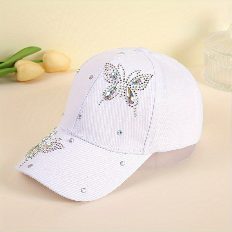 Double Butterfly Rhinestone Baseball Cap Casual Dad Hat