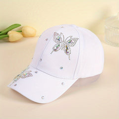Double Butterfly Rhinestone Baseball Cap Casual Dad Hat