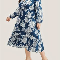  Floral Print V Neck Midi Dress With Pockets