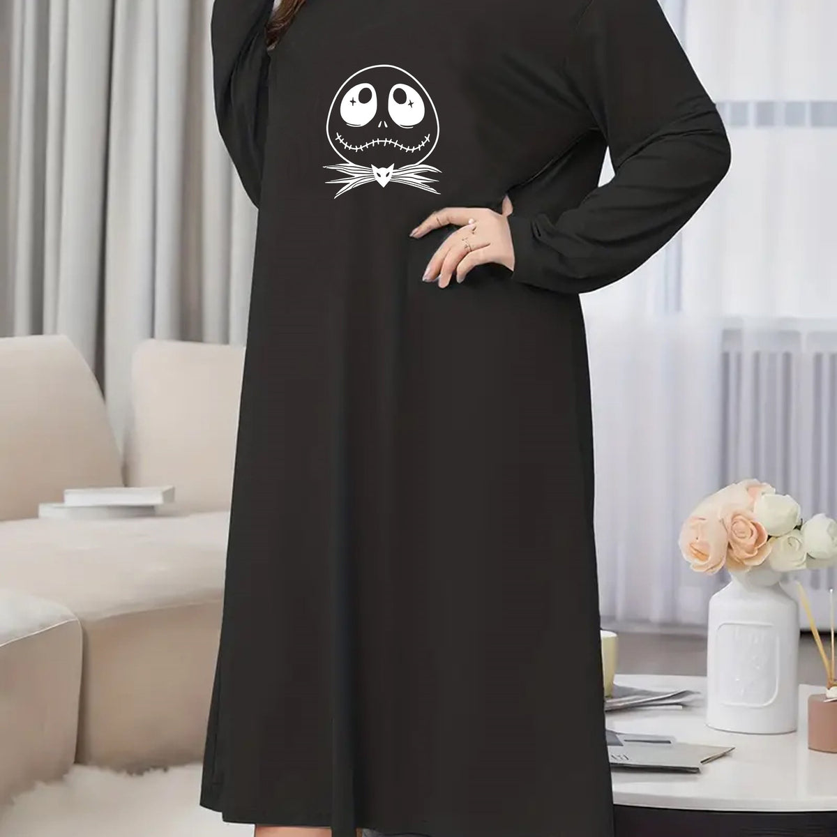  Skull Print Long Sleeve Nightdress