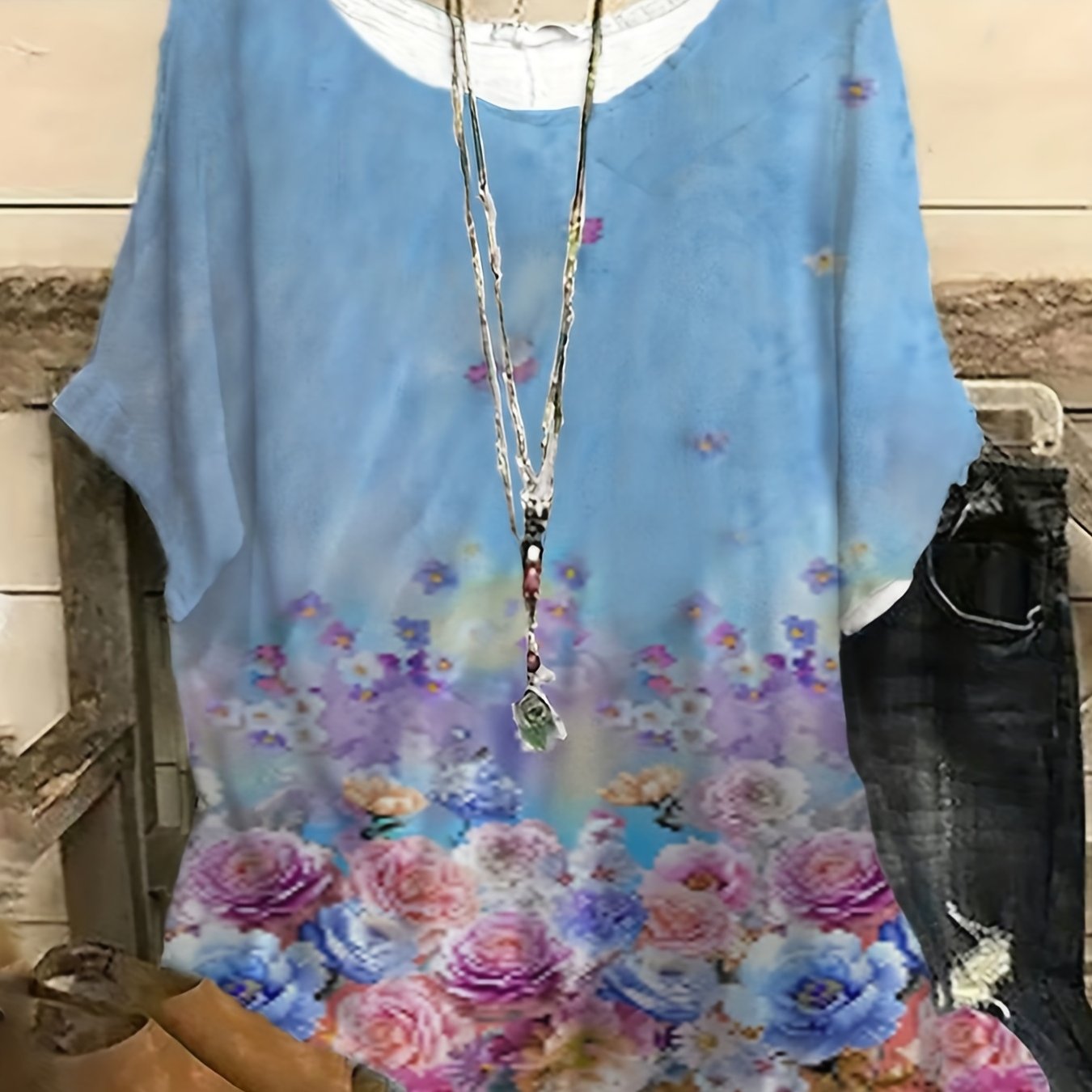 Casual Blouse Women's Plus Floral Print Short Sleeve Round Neck Split