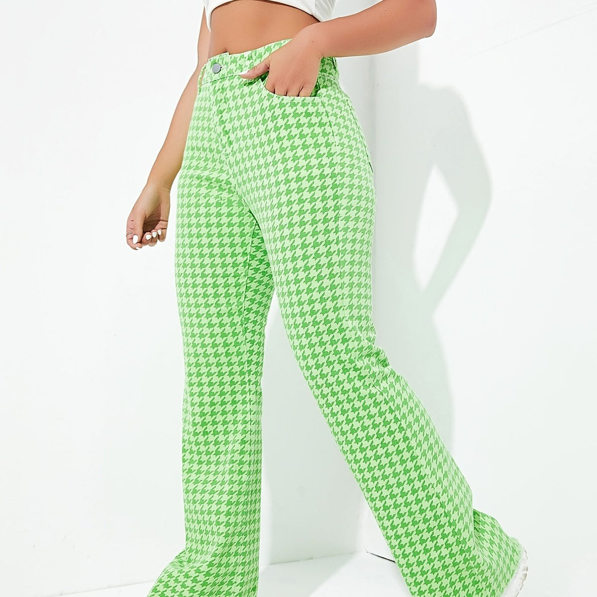 Green Houndstooth Bell Bottom Slim Fit High Waist Y2K Trousers Pants