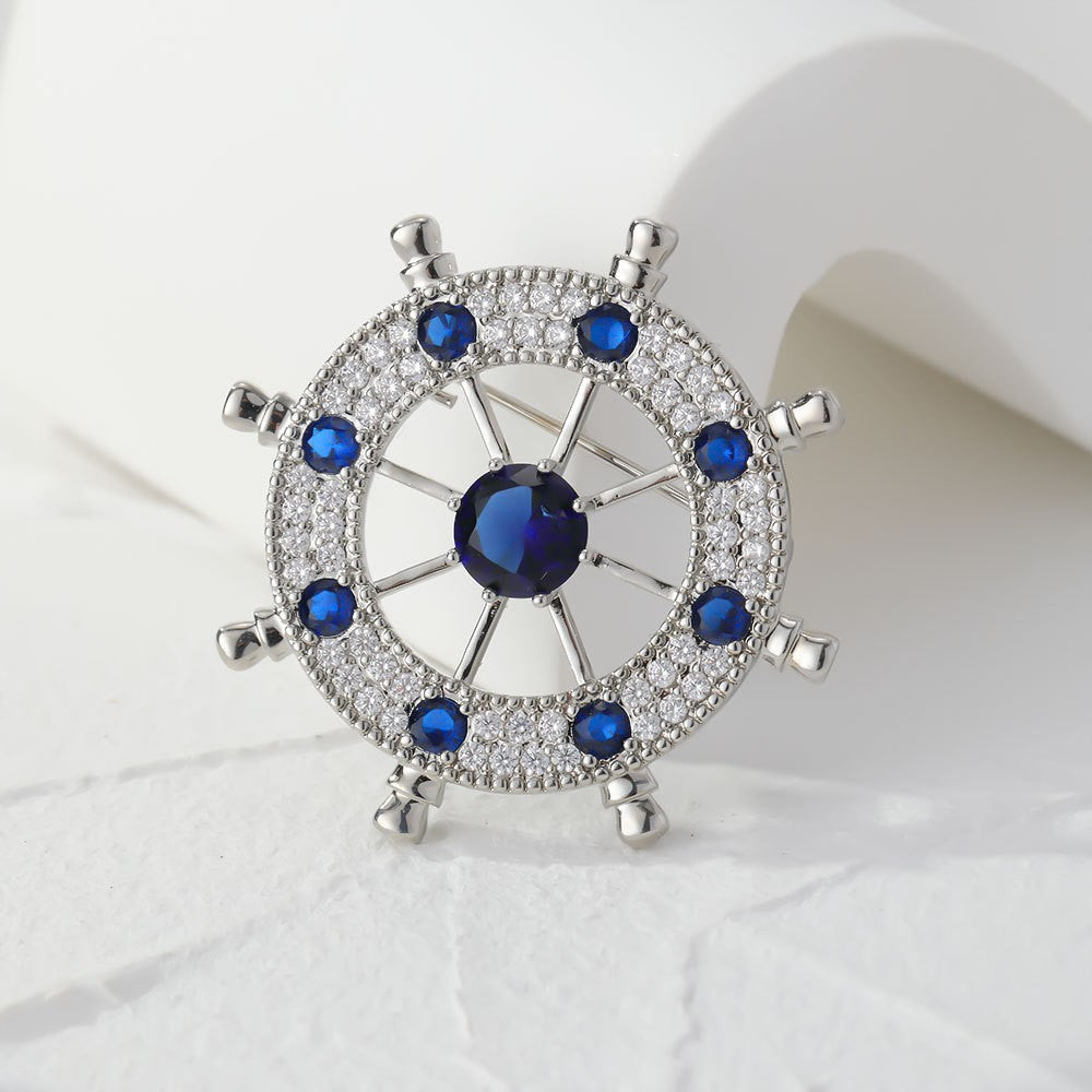 Atmospheric Men's Rudder Brooch with Zircon Inlay