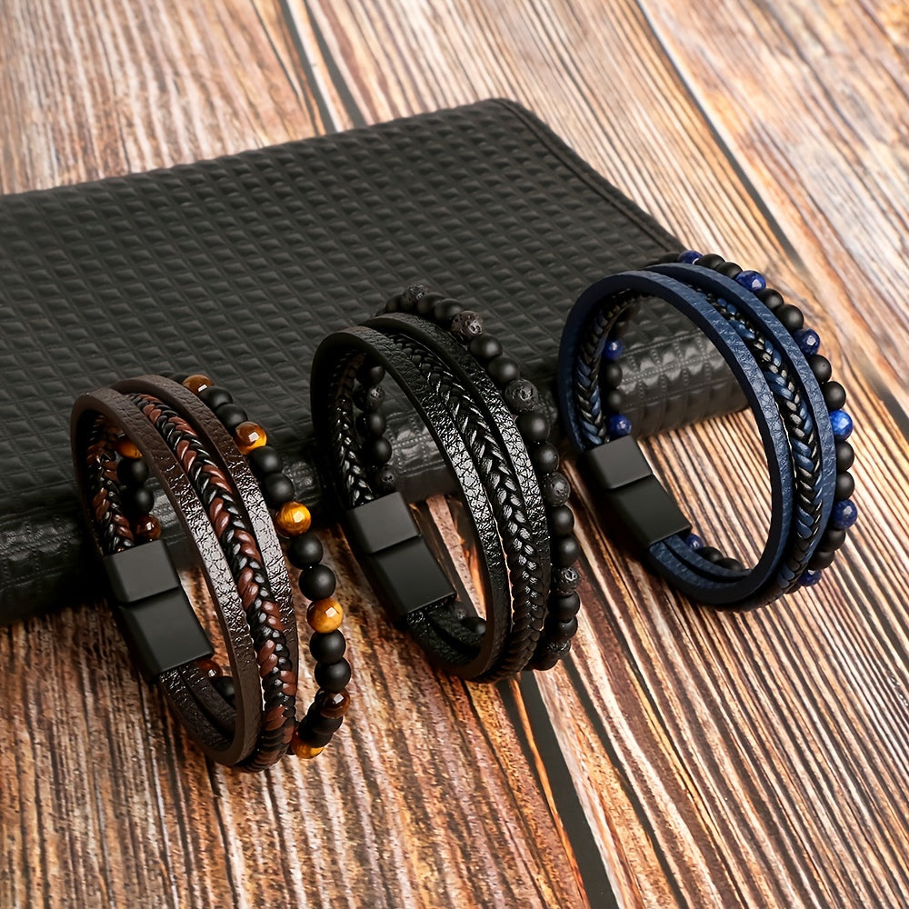 Layered Braided Leather Bracelet Tiger Eyestone Beaded Punk Accessory