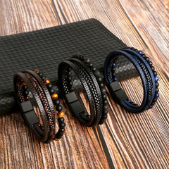 Layered Braided Leather Bracelet Tiger Eyestone Beaded Punk Accessory