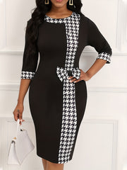  Colorblock Houndstooth Print Midi Dress