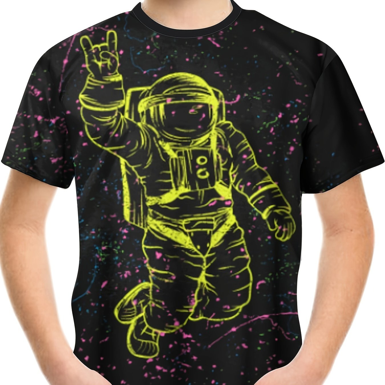 Floating Astronaut Print Boy's Short Sleeve T shirt Breathable Casual Top