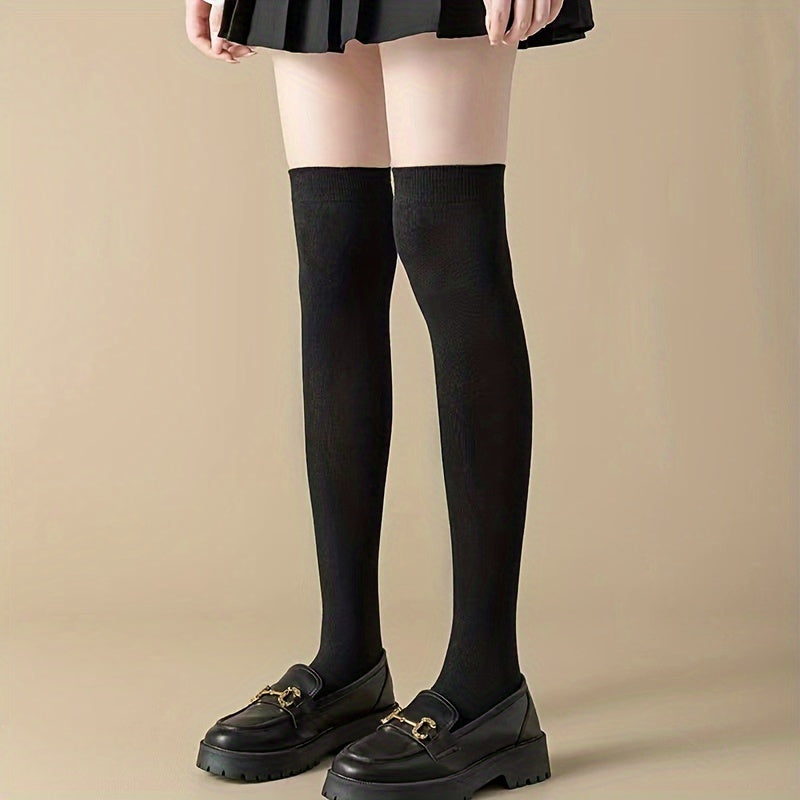 2 Pairs Solid Thigh High Socks Women's Stockings & Hosiery