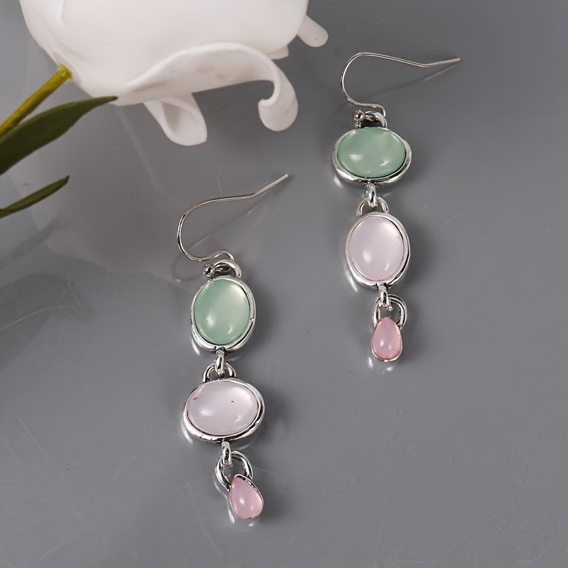 Moonstone Drop Dangle Earrings Pink Stone Wedding Engagement