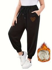  Leopard Heart Print Fleece Joggers with Pockets