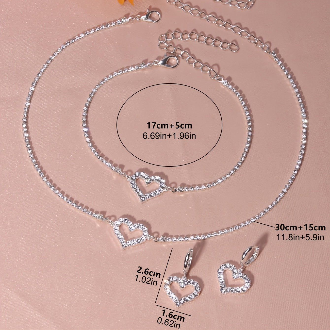 Heart Shape Rhinestones Jewelry Set Choker Bracelet Earrings
