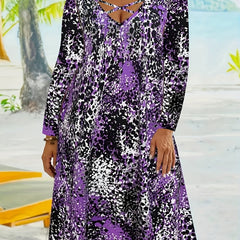 Plus Size Allover Print Criss Cross Long Sleeve V Neck Dress