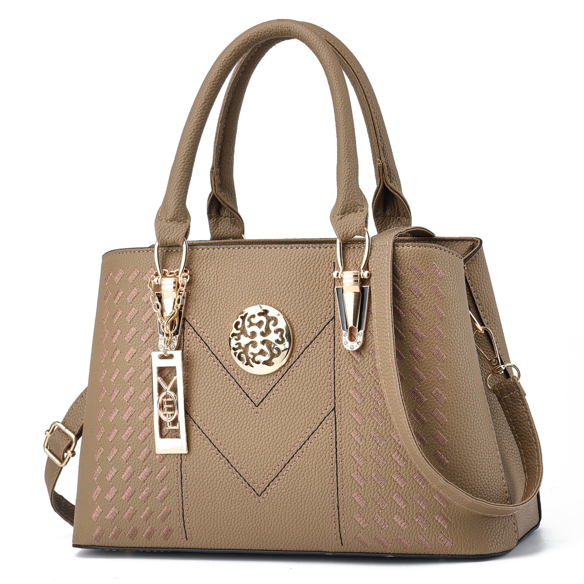 Strip Embroidery Satchel Bag Metal Decor Double Handle Bag