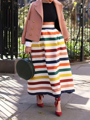  Boho Skirt Colorful Stripe Print High Rise Maxi Skirt With Pockets