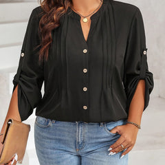  Solid Button Up Roll Up Sleeve Tunic Blouse