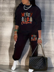  Christmas Tree Print Crew Neck Sweatshirt & Jogger Sweatpants Set