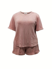 Casual Outfits Set Women's Plus Solid Textured Top & Shorts Set