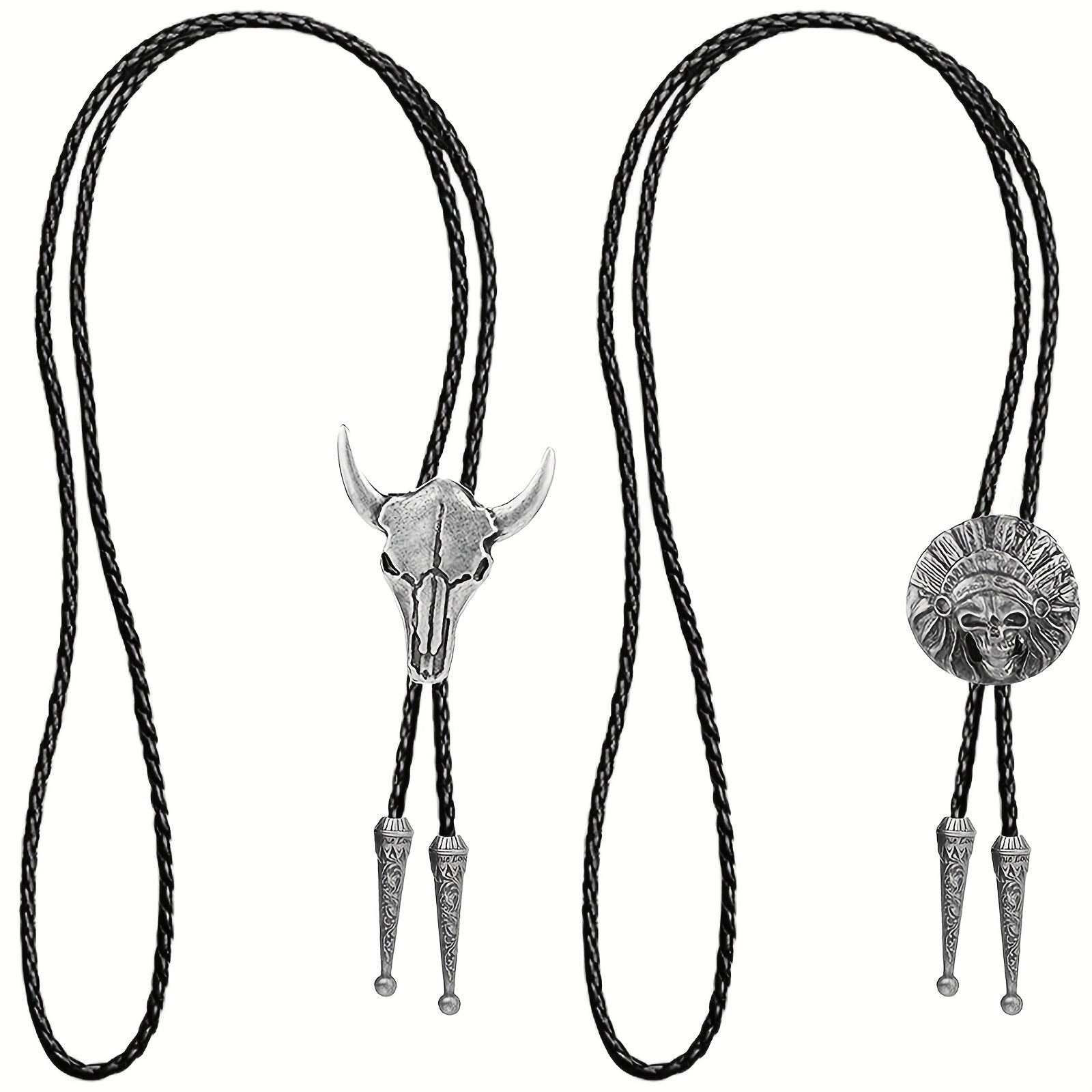 2pcs Vintage Cowboy Bolo Tie Leather Ties Cow Skull Costume Accessories