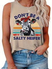  Retro Tank Top Women's Plus Bull & Letter Print Round Neck Tank Top