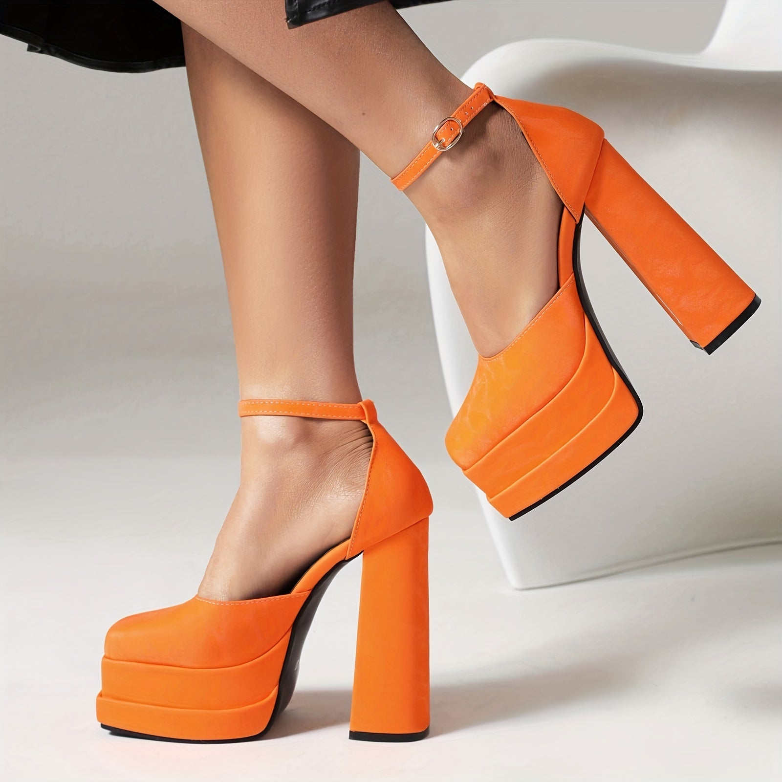 Women's Solid Block Heels Buckle Strap Platform Pumps Dress Heels