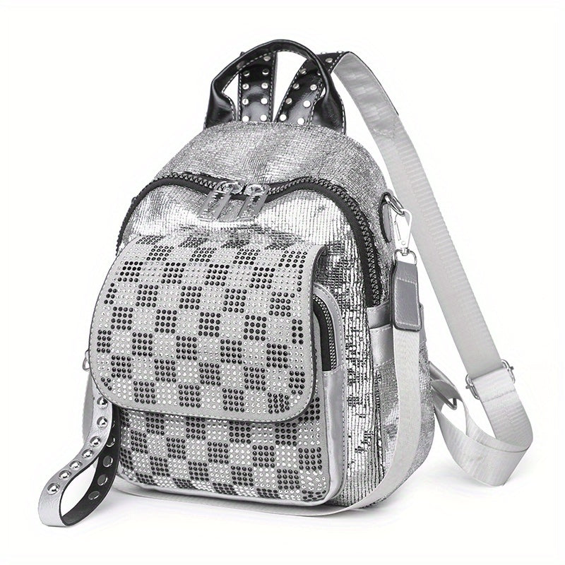Sequins Backpack Purses Checkered Rhinestone Daypack Glitter Shoulder Bag