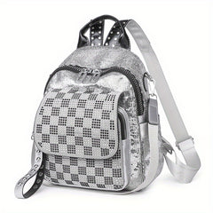 Sequins Backpack Purses Checkered Rhinestone Daypack Glitter Shoulder Bag