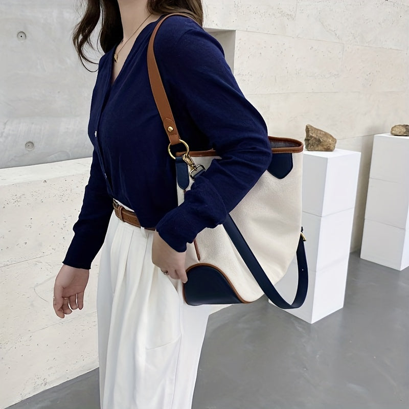 Canvas Block Shoulder Bag Large Capacity Stylish Tote Bag Zipper Strap