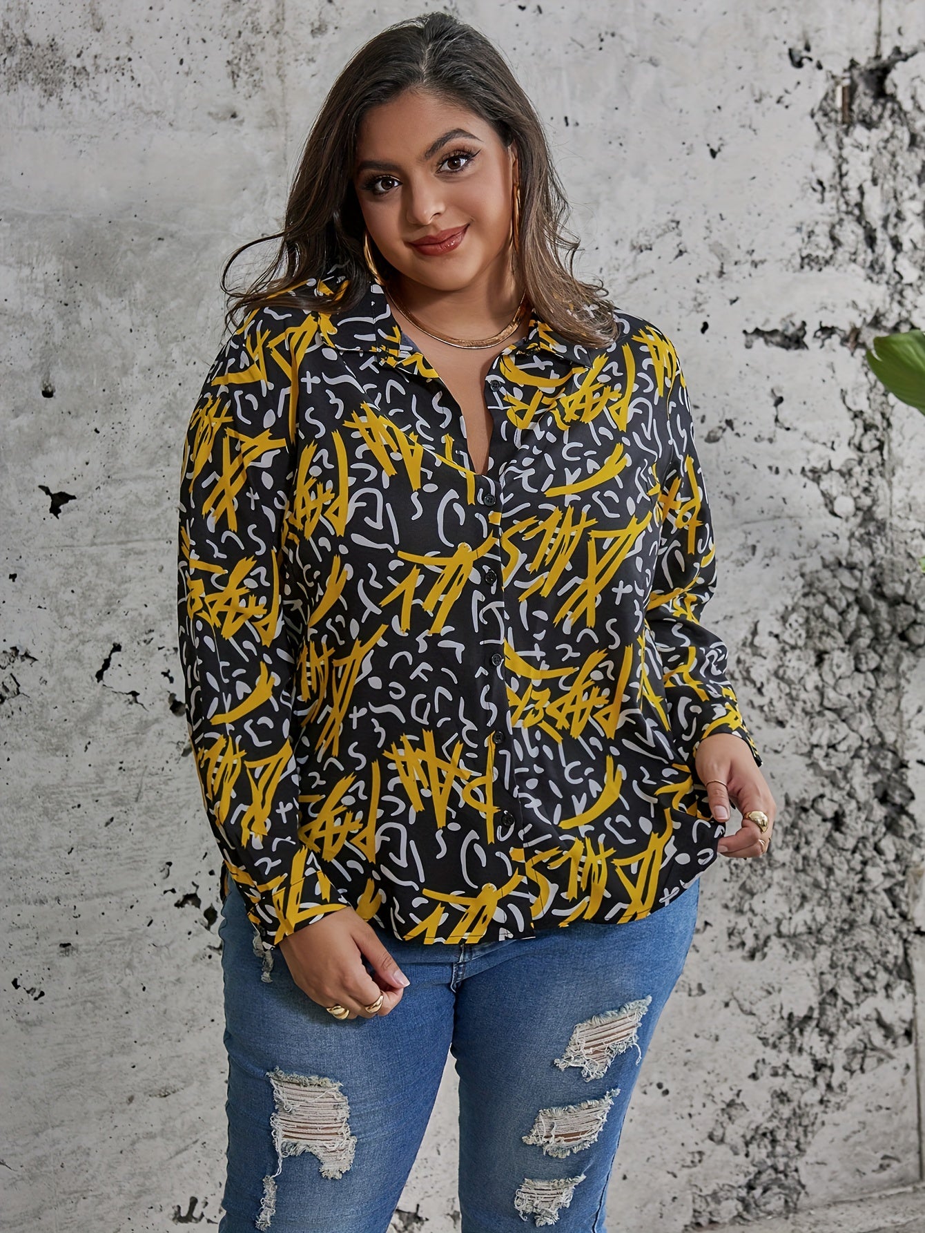  Graffiti Print Button Up Long Sleeve Blouse