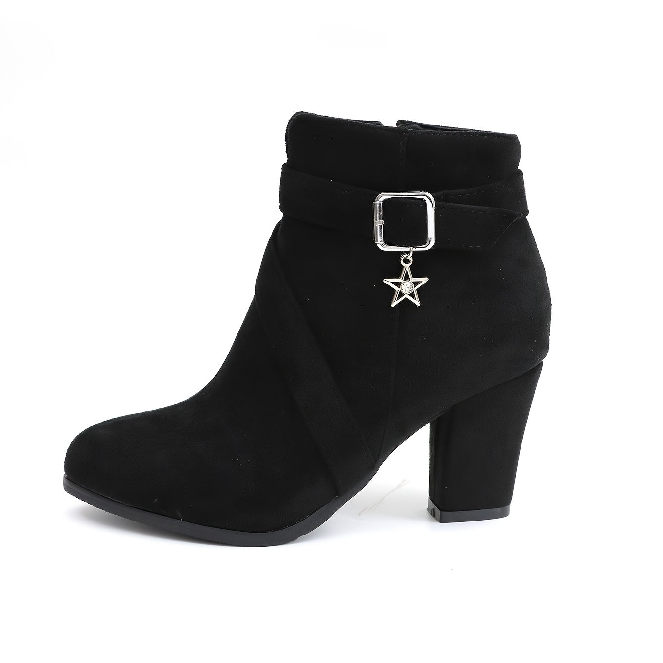 Women's Star Buckle Ankle Boots Block High Heels Round Toe